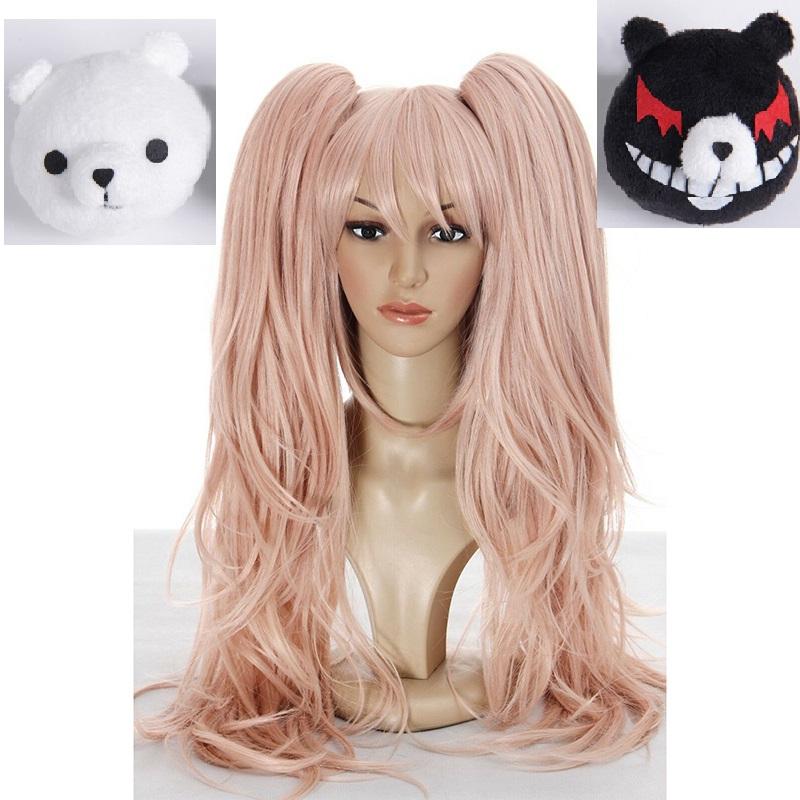 Dangan Ronpa Danganronpa Enoshima Junko Cosplay Pruik Roze Lang Golvend met Paardenstaart Clip Hittebestendige Pruiken+ Beer Haarspeldjes One Size beige