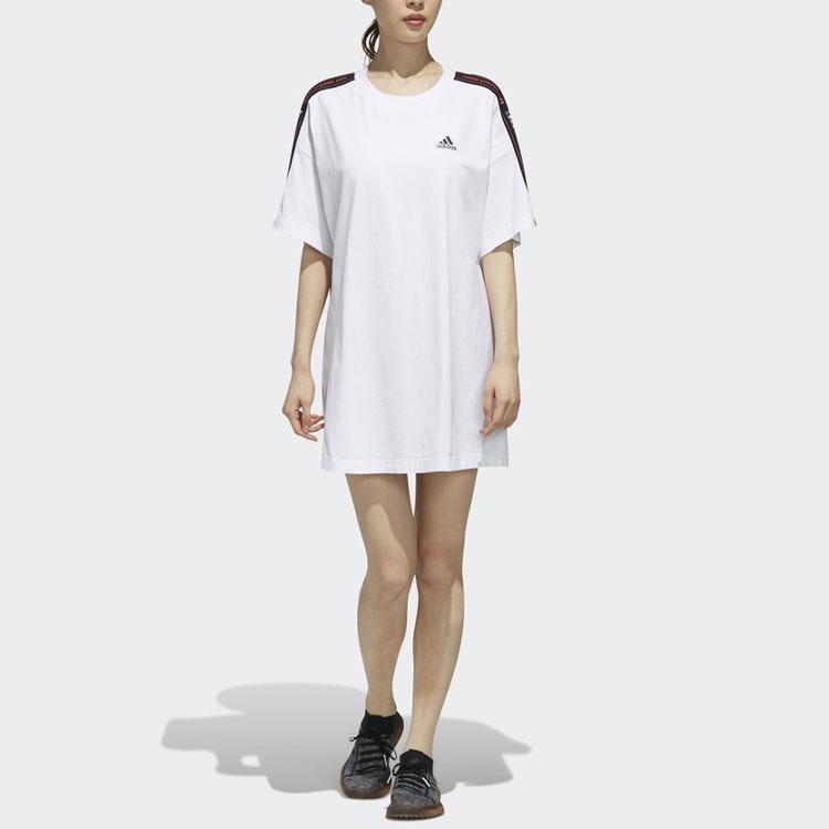 Adidas SS Dress Tape Logo Stripe Decoration Casual Sports Loose Breathable Round Neck Short Sleeve Dress Women Dresses White FJ6882