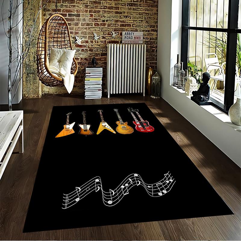 Guitar Pattern Carpet with Musical Notes On Black Background Suitable for Use As an Anti-slip for Living Room Bedroom Sofas