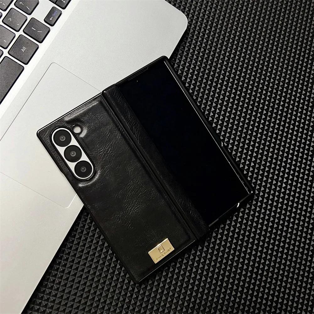 Vintage Luxury Leather Hard Drop Proof Phone Case for Samsung Galaxy Z Fold 7 6 5 4 3 Hinge Shockproof Solid Color Protect Cover