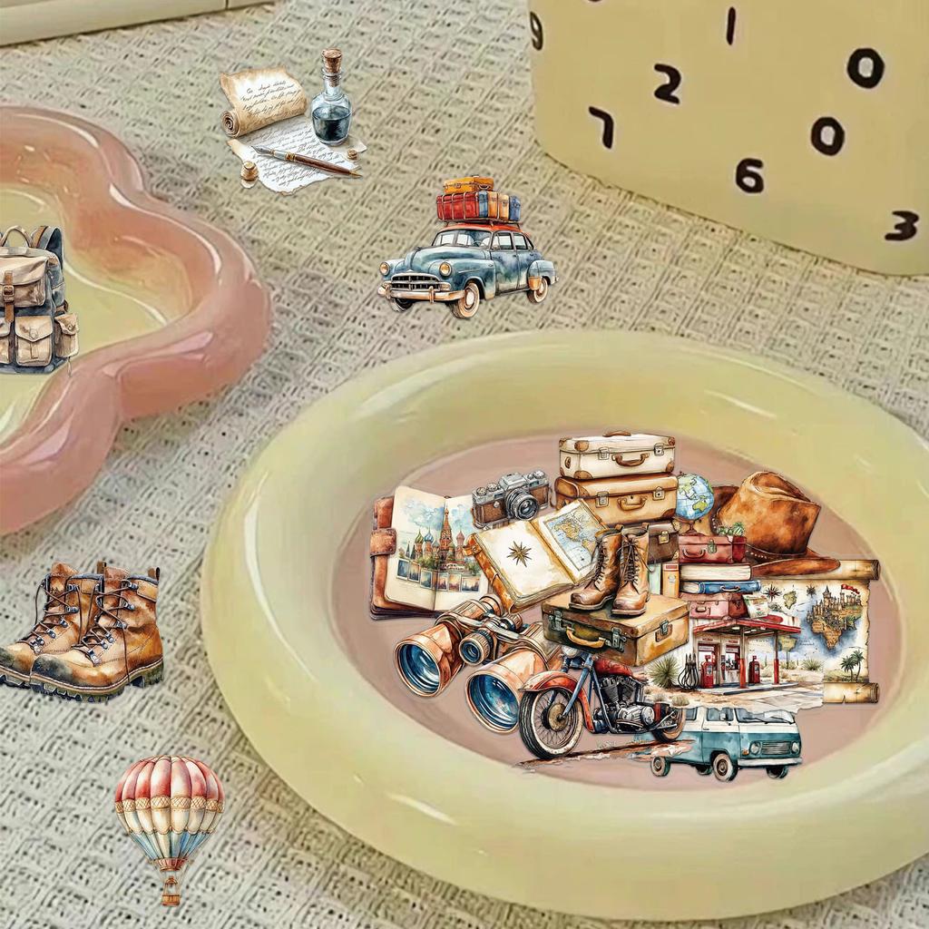 50Pcs Antique Journey Sticker Travel Themed Decorative Sticker Sticker Diary Laptop Fridge Suitcases Decoration