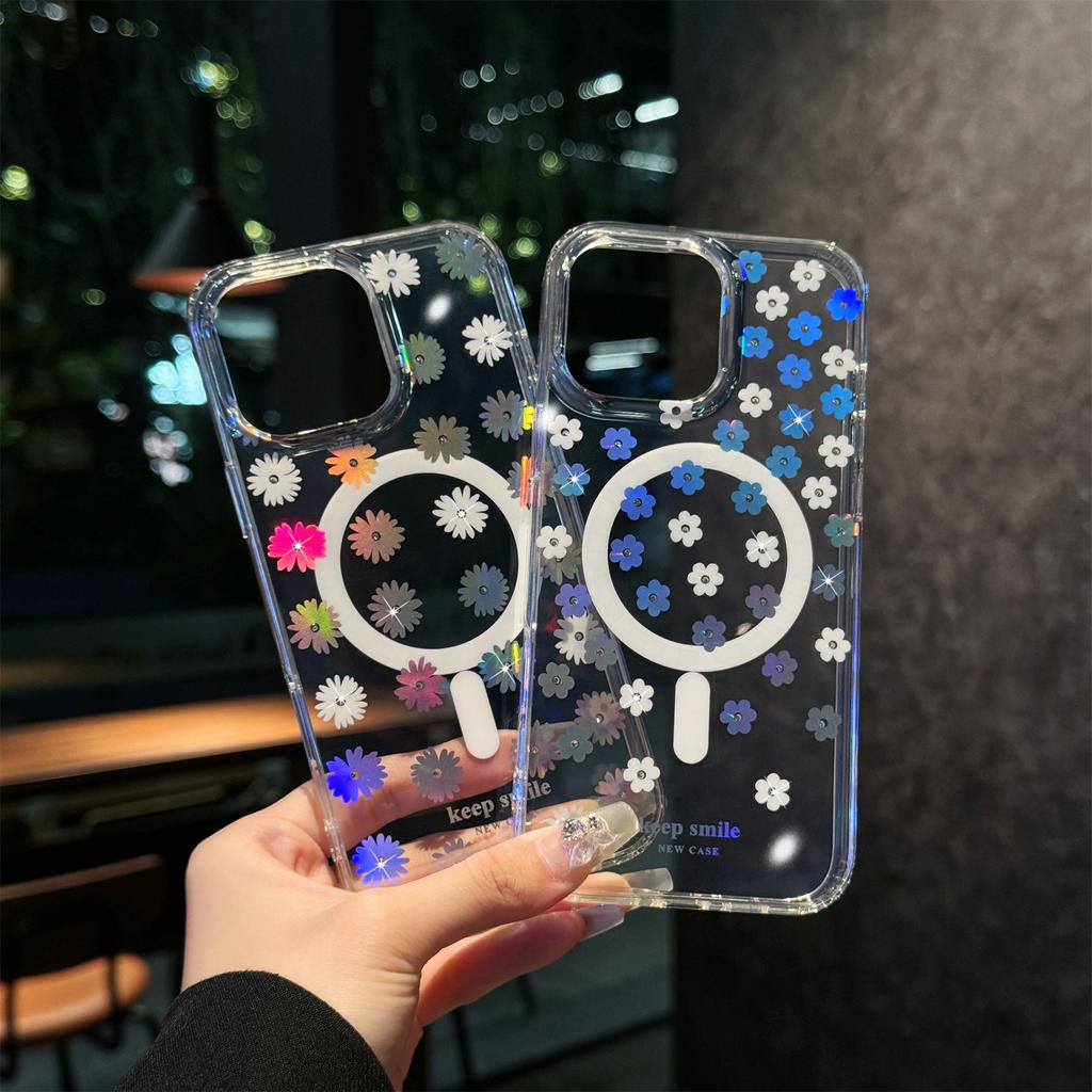 For iPhone 15 Pro Case Compatible with MagSafe Laser Flower PC+TPU Clear Phone Cover