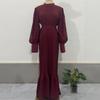 A-Line Evening Dress for Women with Pleated See-through Mesh Lantern Sleeves Stand Collar Tight Waist Ruffle Patchwork Long Maxi Dress