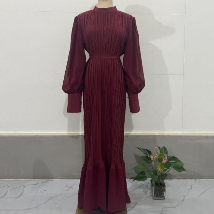A-Line Evening Dress for Women with Pleated See-through Mesh Lantern Sleeves Stand Collar Tight Waist Ruffle Patchwork Long Maxi Dress