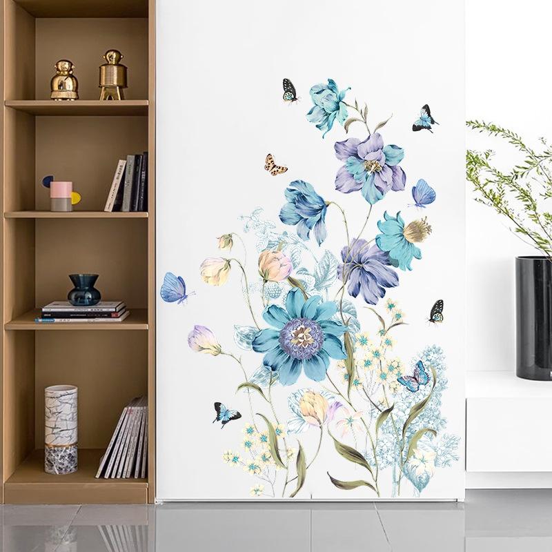 New Painted Blue Flower Butterfly Wall Sticker Living Room Bedroom Background Home Decoration Self-adhesive Wallpaper Plant Stickers