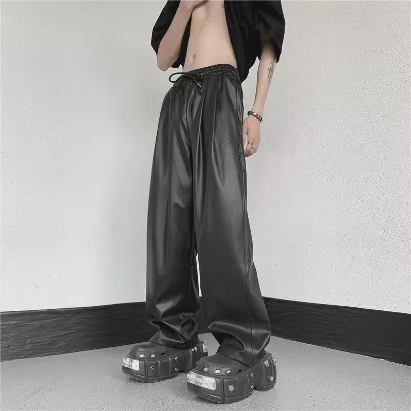 Pantaloni bărbătești negri, plisați, din piele PU - cu șnur de toamnă, stil leneș, talie înaltă elastică, picior lat, croială dreaptă.