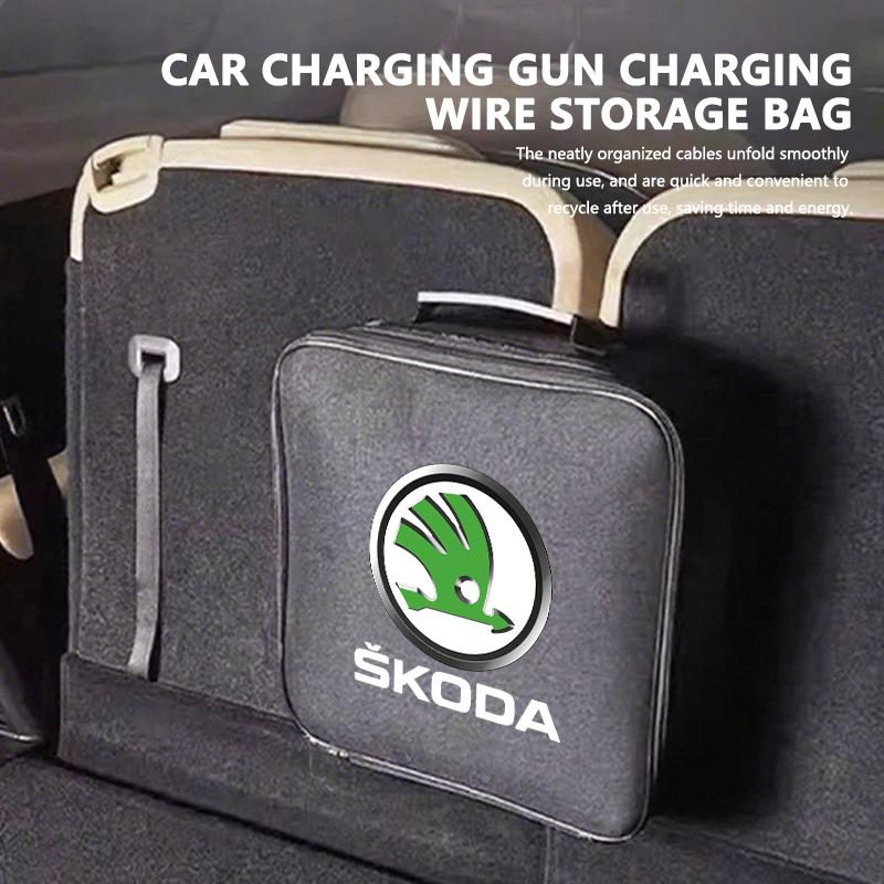AES1 For Skoda Oxford Cloth Car Charge Cable Case Organiser Waterproof Charging Gun Storage Bag Kamiq Karoq Octavia 2 3 Rapid Scala