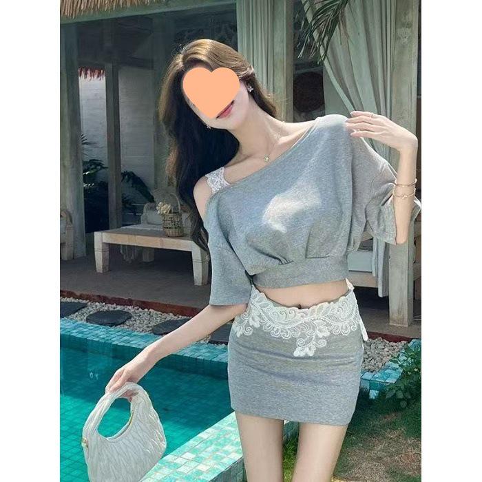 

Korean Style Sporty Grey Lace One-Shoulder Top & Skirt Set - 2026 Summer Trendy Women s Two-Piece Extra Extra Large