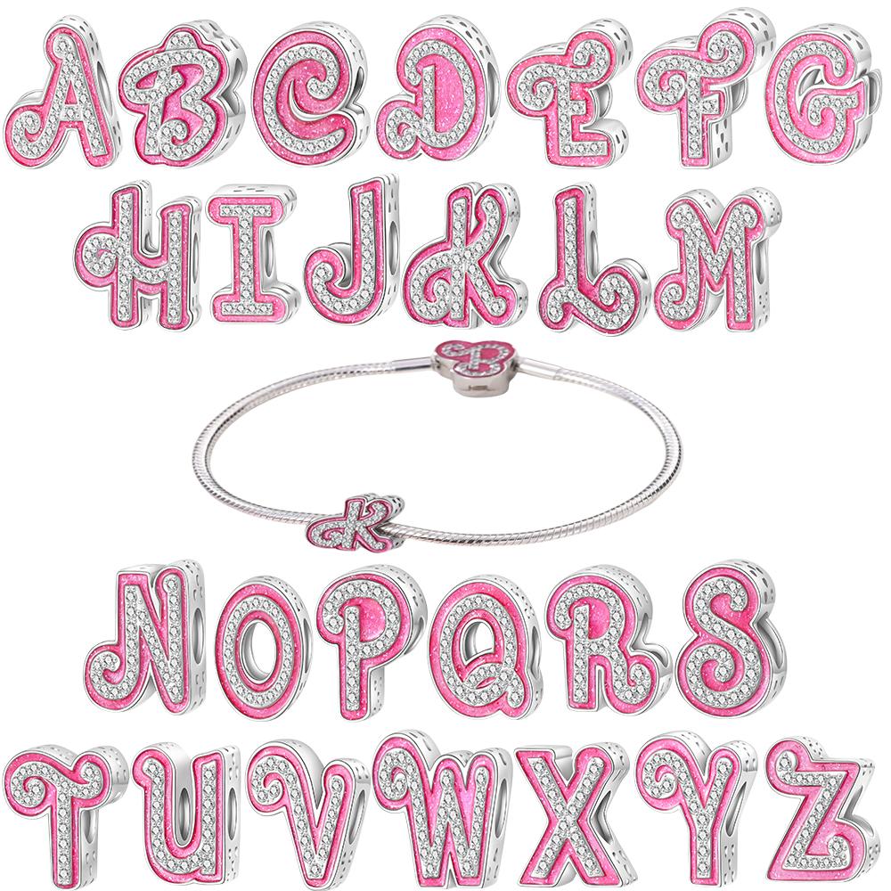 New Shining Barbie Pink 26 A-Z English Letters Fine Copper Charm Fit Beads Fit For Original Bracelets Diy Fashion Jewelry