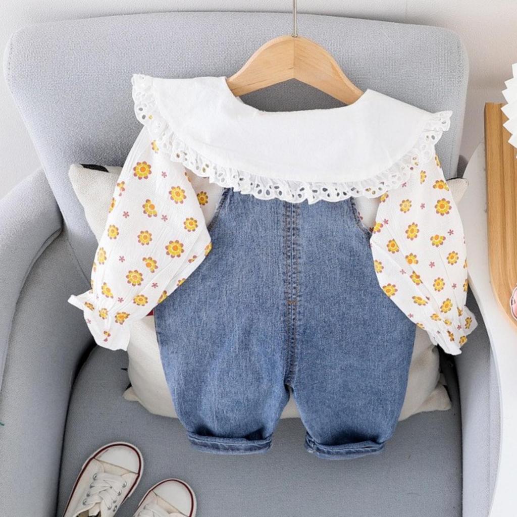 Girls Lapel Full Print Shirt Long Sleeve Suit Baby Denim Overalls Two-piece Suit