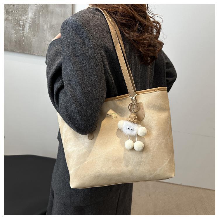 Simple Solid Color Tote Bag Women Large Capacity Faux Leather Shoulder Handbag Urban Commuter Bucket Purse