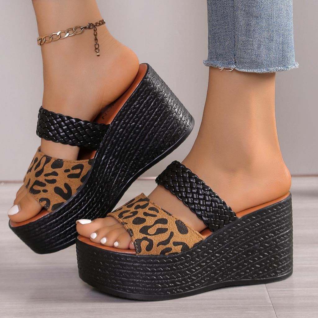 Leopard Print Open-Toe Platform Slippers for Women, Plus Size Thick-Soled Slippers