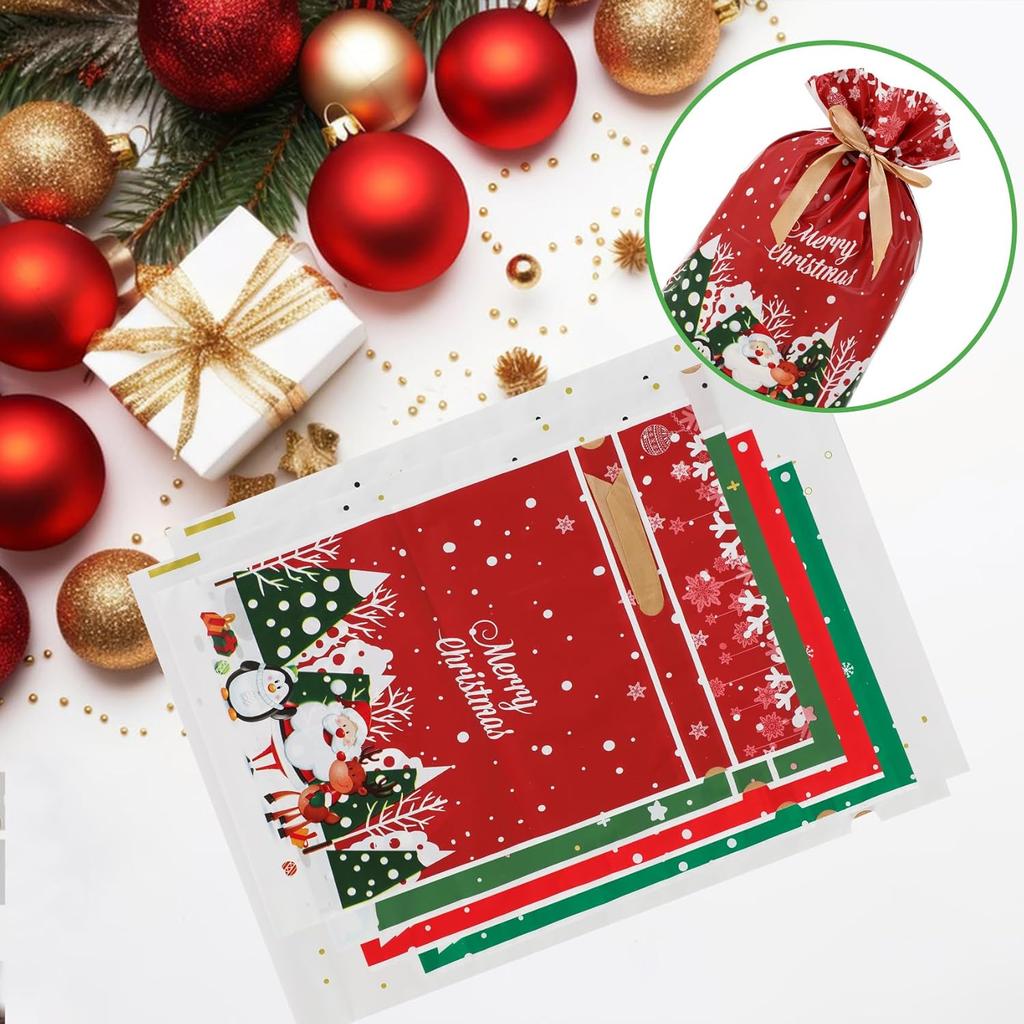 Bomvabe 20 Drawstring Gift Bags for Christmas Presents, Food Grade Christmas Treat Bags for Candies Cookies, Christmas Wrapping Bags Assorted Sizes