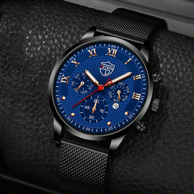 3pcs/set, 1pc Men's Luxury Business Stainless Steel Mesh Band Quartz Watch & 1pc Bracelet & 1pc Necklace with