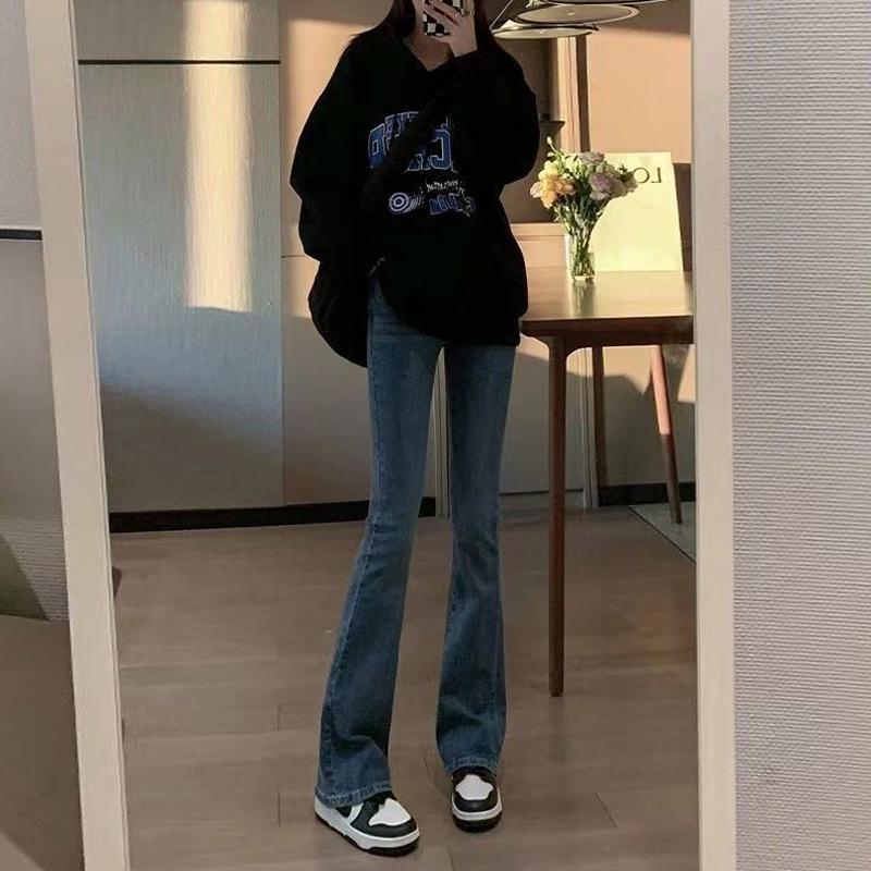 

Women s Slim Fit High Waist Horseshoe Flared Jeans - Small Size, Elastic, Floor-Length, Autumn/Winter Style L сірий колір/синій