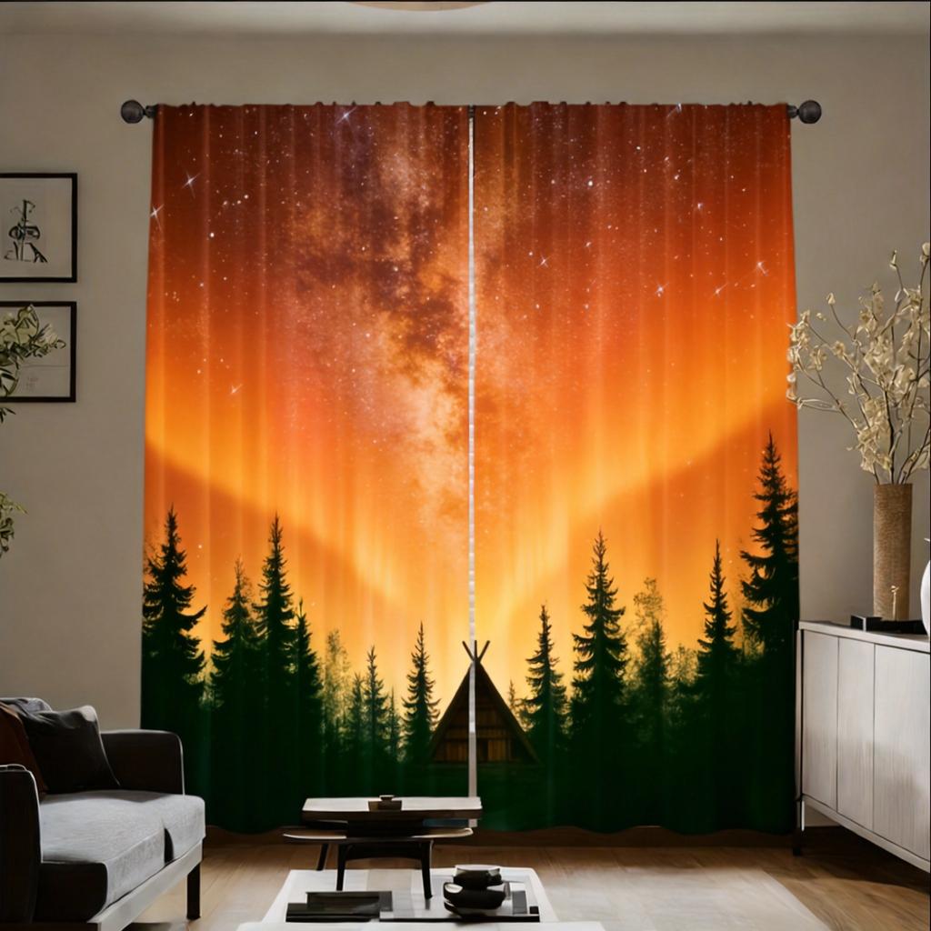Aurora Borealis Curtains 2pcs – Colorful Northern Lights & Tree Silhouettes, Mystical Nature Art for Home Decor