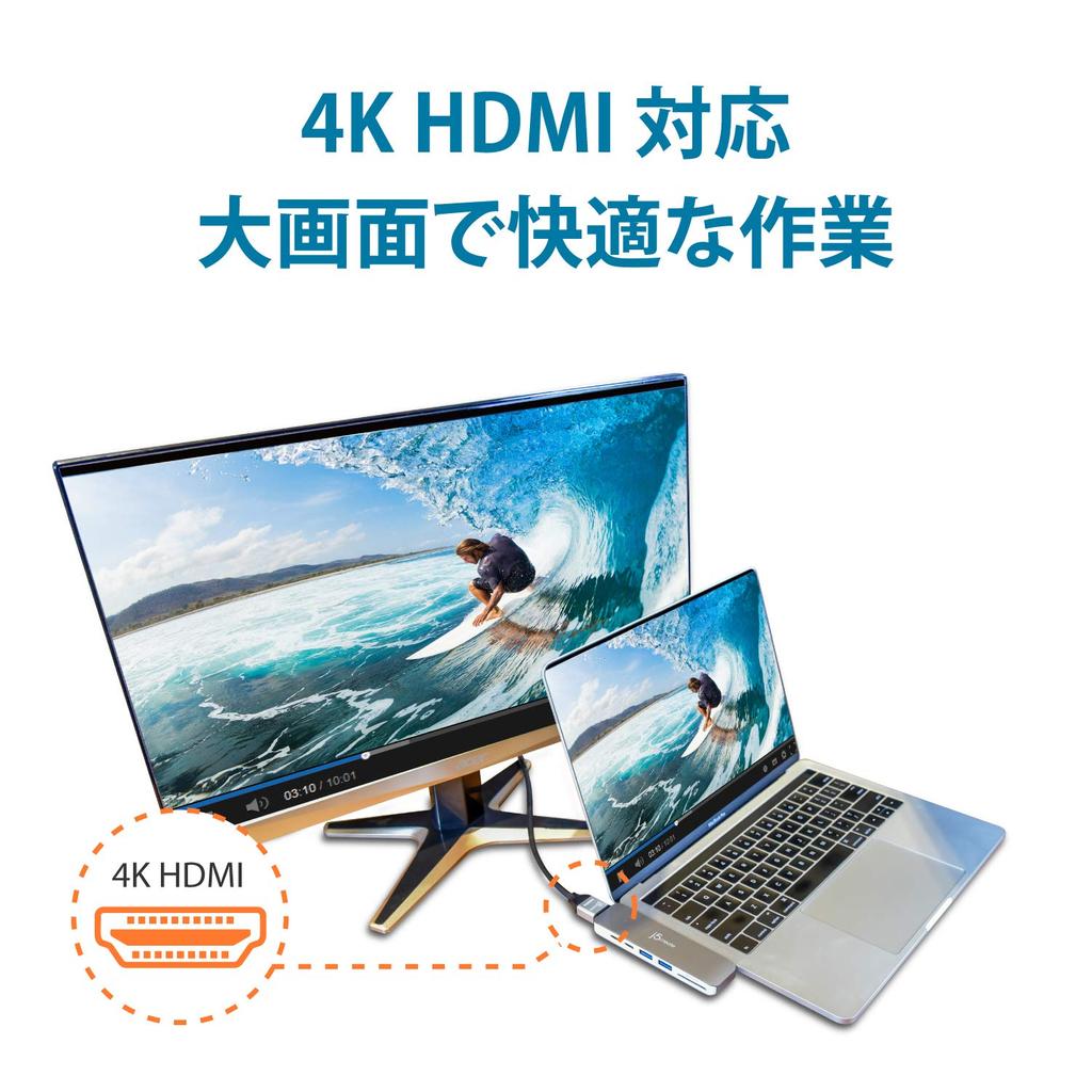 J5create Mini Stație de Andocare 7 în 1 pentru MacBook PD 100W 4K HDMI Carcasă Aluminiu Pro/Air USB-C PD100W/5K 60Hz/40Gbps USBA3.0 Card SD/microSD, JCD382-EJ