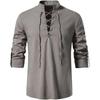 Men's New Men's Cotton and Linen Henley Shirt Long Sleeve Hippie Casual Beach Stand-Up Collar Shirt