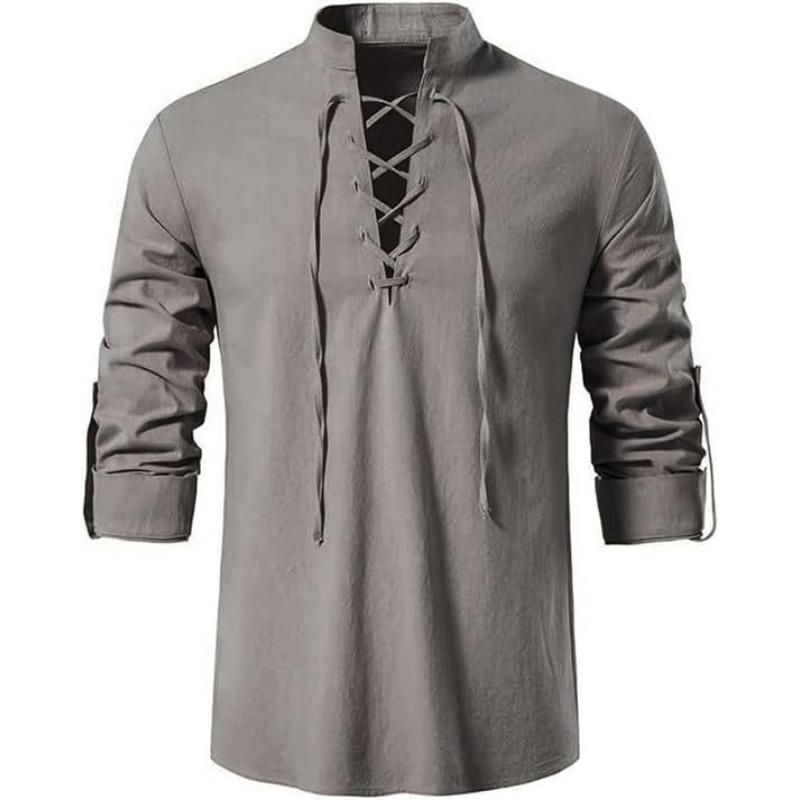 

Men s New Men s Cotton and Linen Henley Shirt Long Sleeve Hippie Casual Beach Stand-Up Collar Shirt XXXL сірий колір