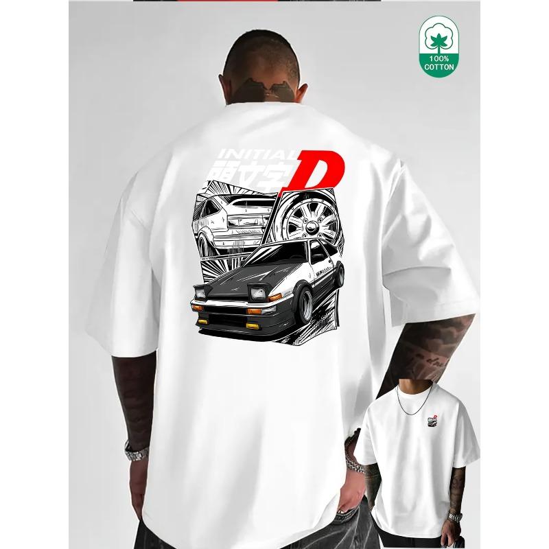 European Size Fashion Trendy Vintage Car Fragments, Personalized Letters, Creative Multi-Print, Heavyweight Piss-Boy Pure Men'S Short Sleeve T-Shirt