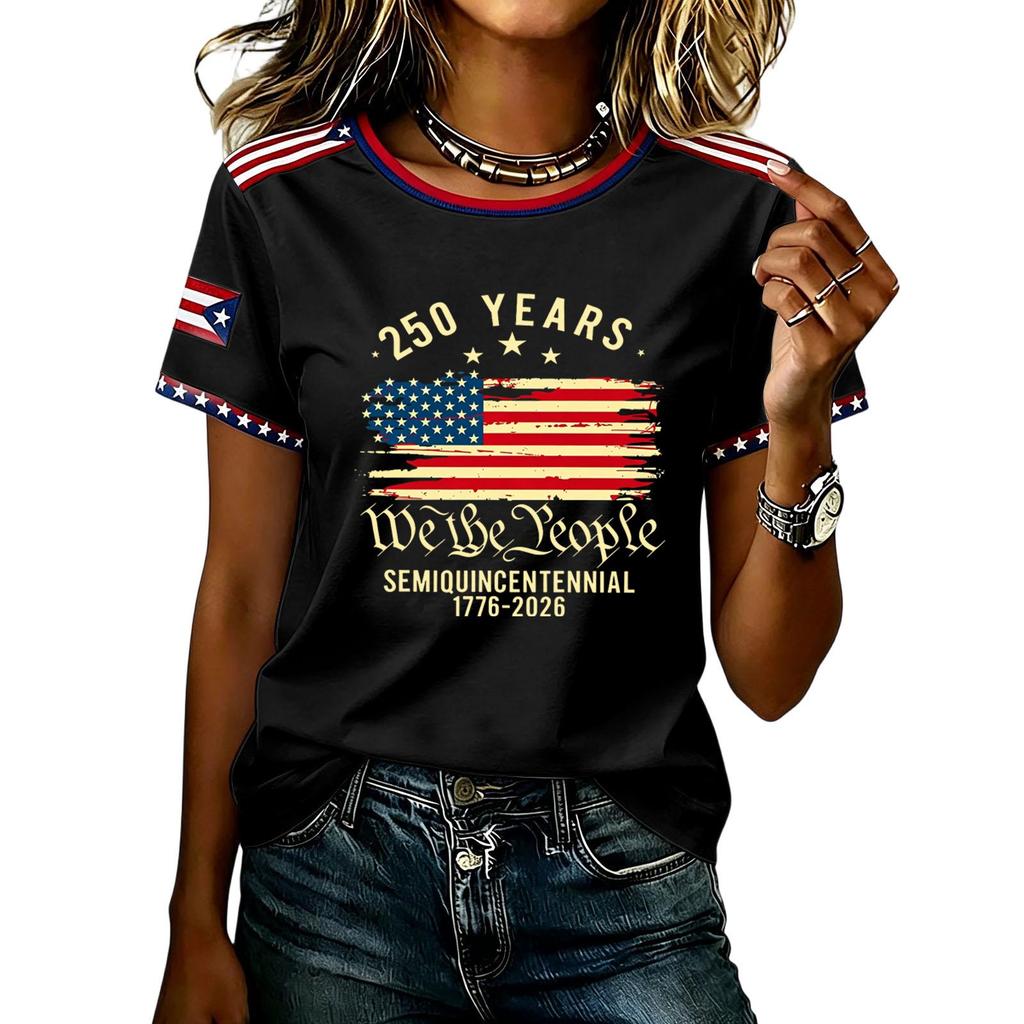 Womens Short Sleeve Crew Neck T Shirt Semiquincentennial 250 Years We the Flag Print Casual Top