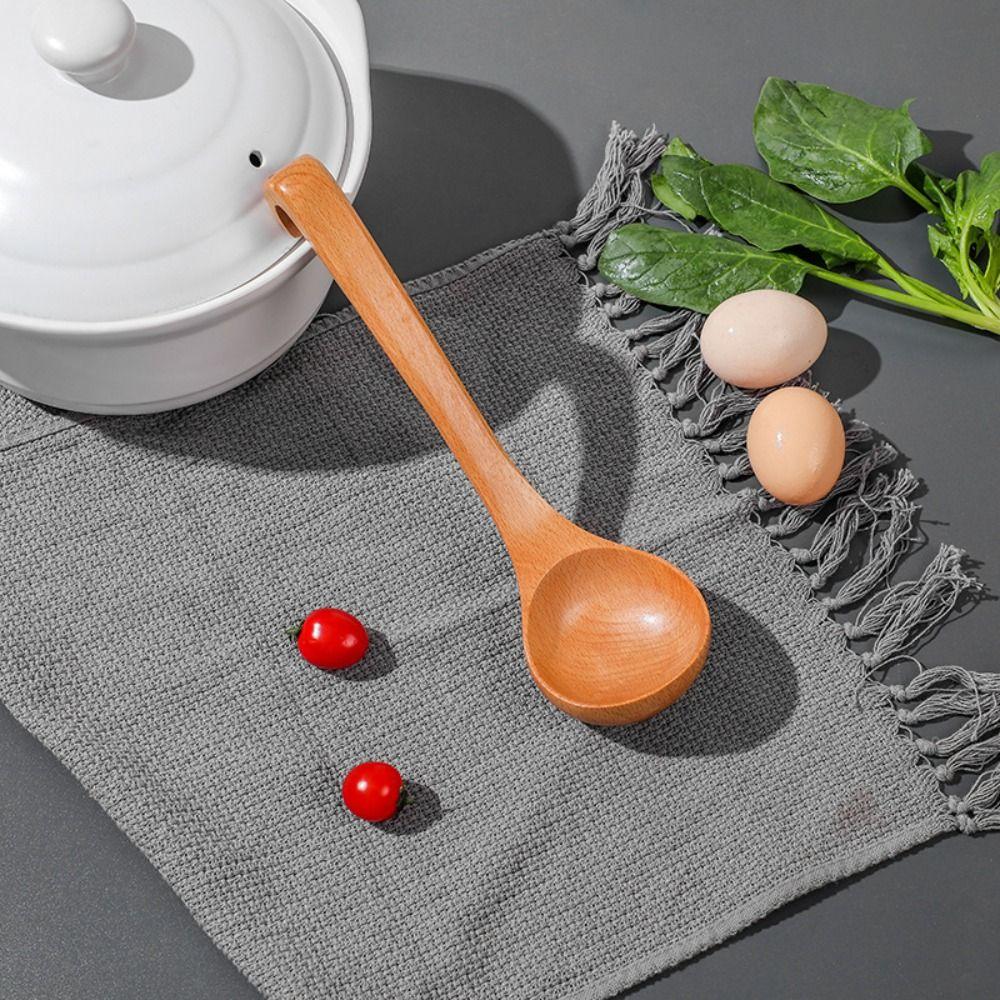 Home Wooden Heavy Duty Natural with Hanging Hook Scoop Soup Ladle Serving Spoon Tableware