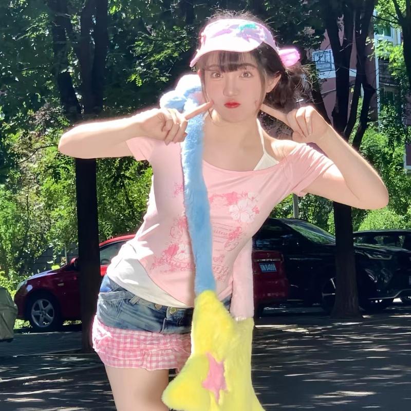 TrendHub Subkultur Damenbekleidung Y2K Punk T-Shirts Amerikanischer Vintage Süß Sexy Kurze Damenbekleidung Grün Sommer Lässig Beliebte Oberteile