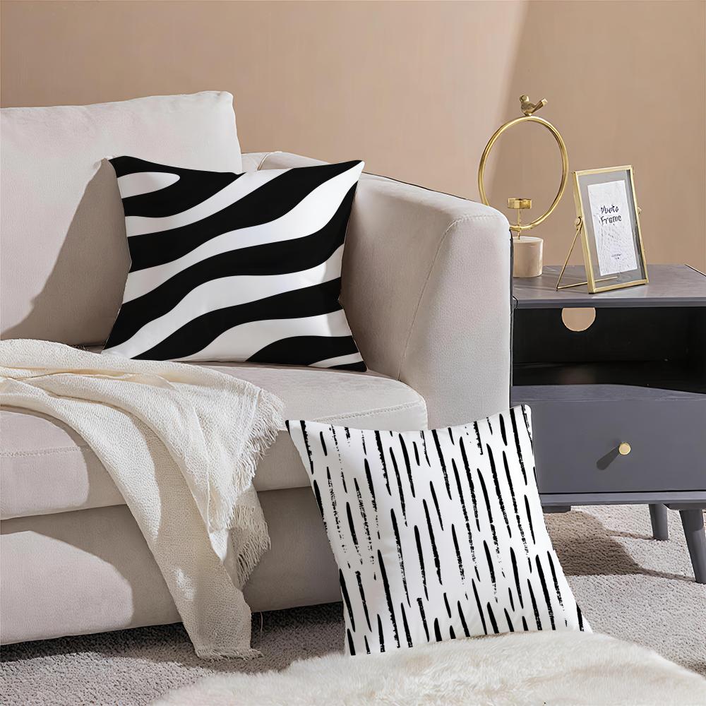 Black And White Striped Geometric Rectangle Art Cushion Cover Throw Pillow Cover Hidden Button Durable Polyester Chair Cushion
