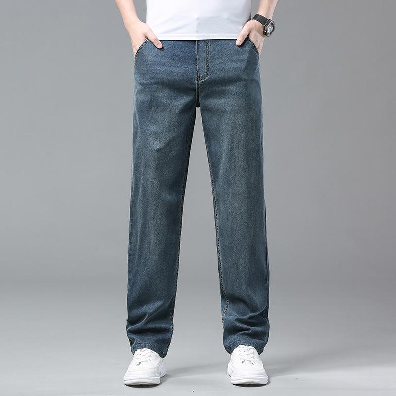 

Men s Spring/Summer Cotton Straight-Leg Jeans with Fleece—Versatile, Elastic, Loose-Fit Casual Trousers. 42