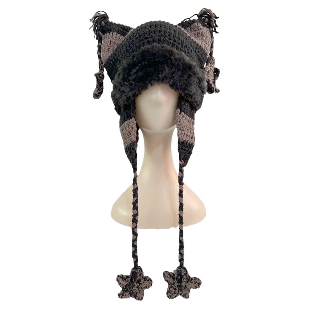 Winter Cat Ear Furry Bucket Hat Knitted Warm Hat for Womens Streetwear Fisherman Hats Cartoon Star Caps