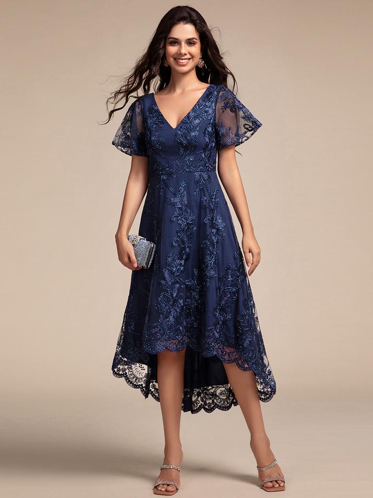 Ever-Pretty Women's Exquisite Embroidery V-Neck See-through Sleeve Wedding Guest Dresses with Asymmetrical Hem