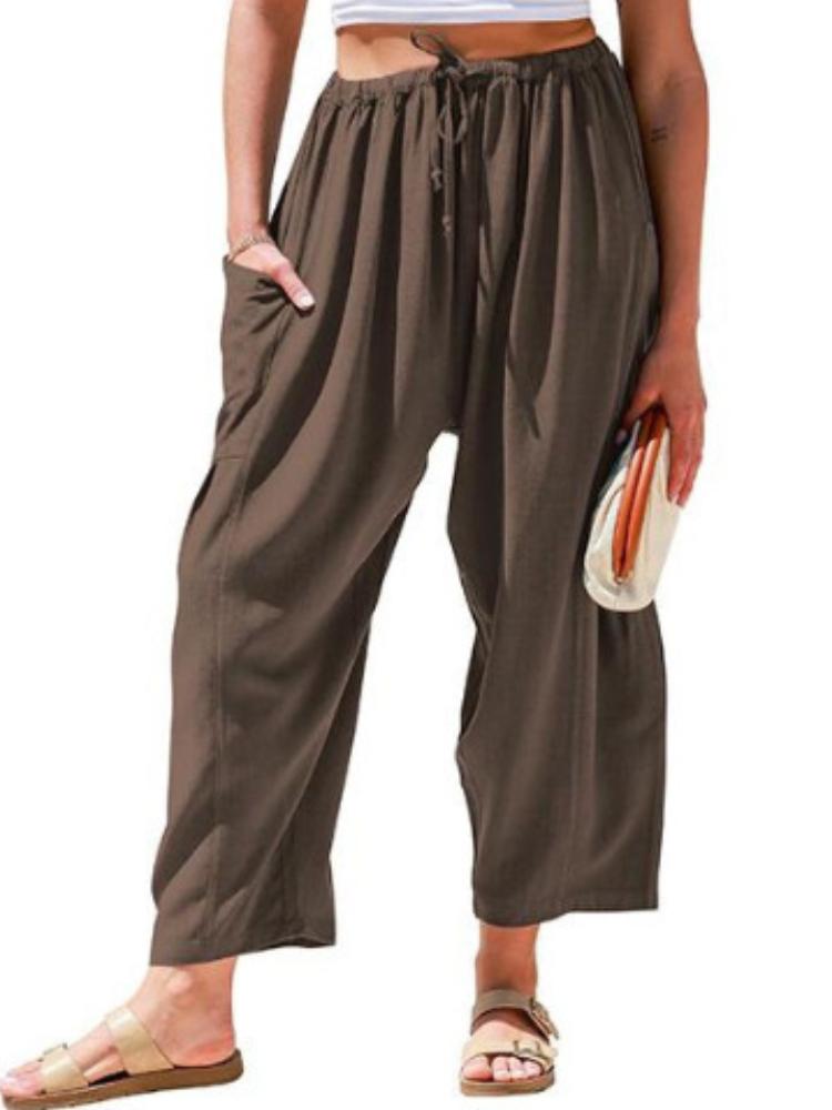 Elastic waisted pleated high waisted wide leg pants, loose casual cotton and linen pants