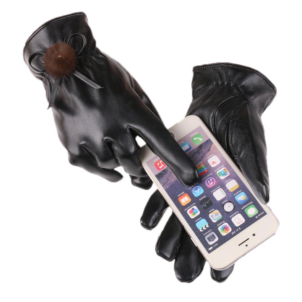 Autumn and Winter Gloves for Women PU Leather Gloves Bow Plus Velvet Thickened Outdoor Driving Touch Screen Warm Gloves