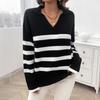 Women's Casual Loose Striped Color Clash Lapel Sweater Top Woman