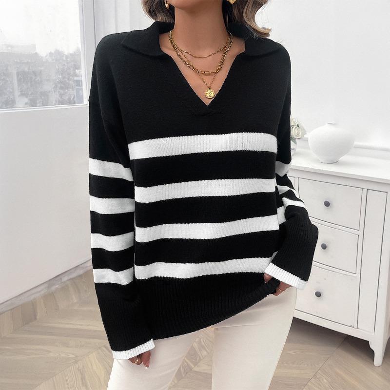 

Women s Casual Loose Striped Color Clash Lapel Sweater Top Woman XL зелений