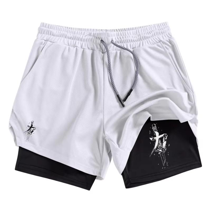 Men's 2-in-1 Running Training Sword Pattern Breathable Quick Drying Sports Shorts with Mobile Pocket Gym Shorts 10106