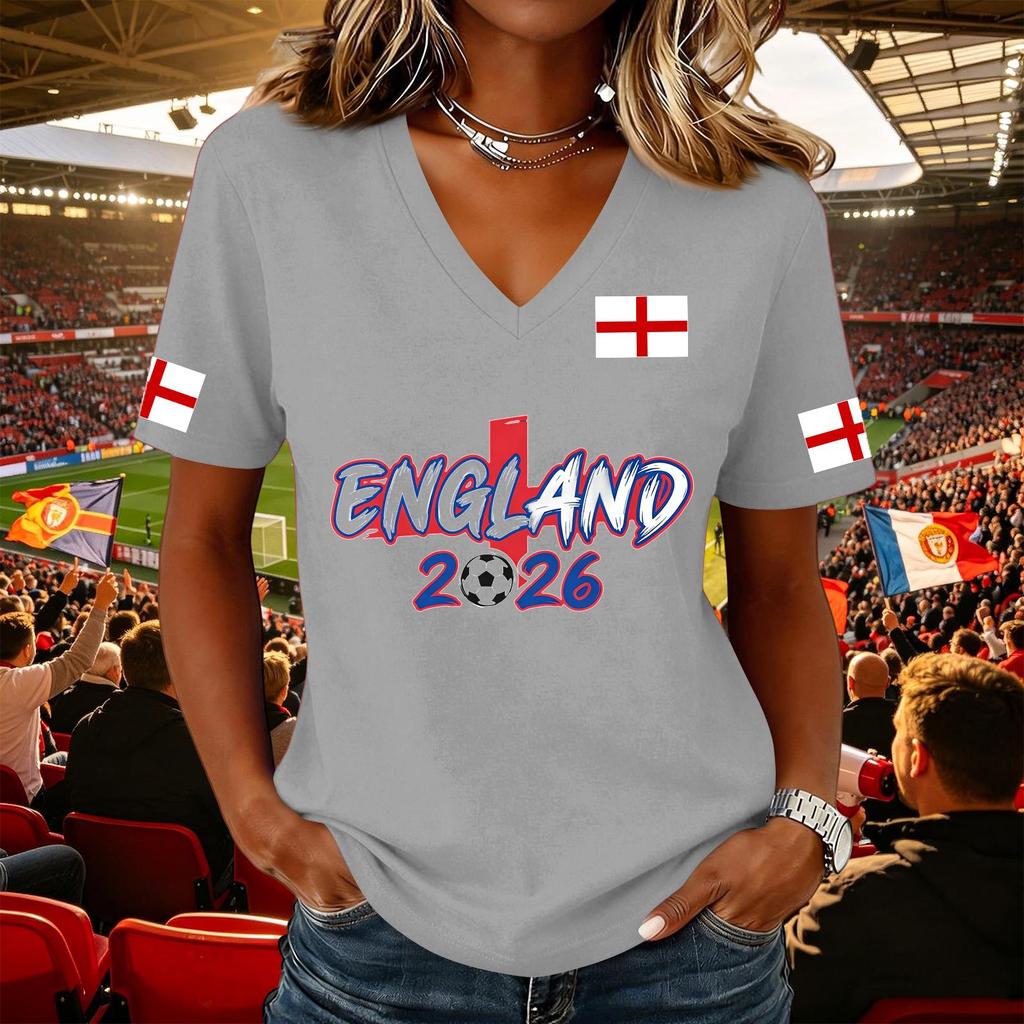 Damen Lässiger Pullover mit V-Ausschnitt und kurzen Ärmeln Fußball-Fan-T-Shirt mit England-Flaggen-Aufdruck Leicht Bequem