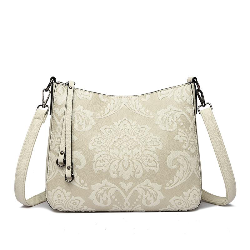 Chinese Style Women's Shoulder Messenger Bag Middle-aged Mother Soft Leather Embossed Hand Bag Retro Women's Pillow Bag