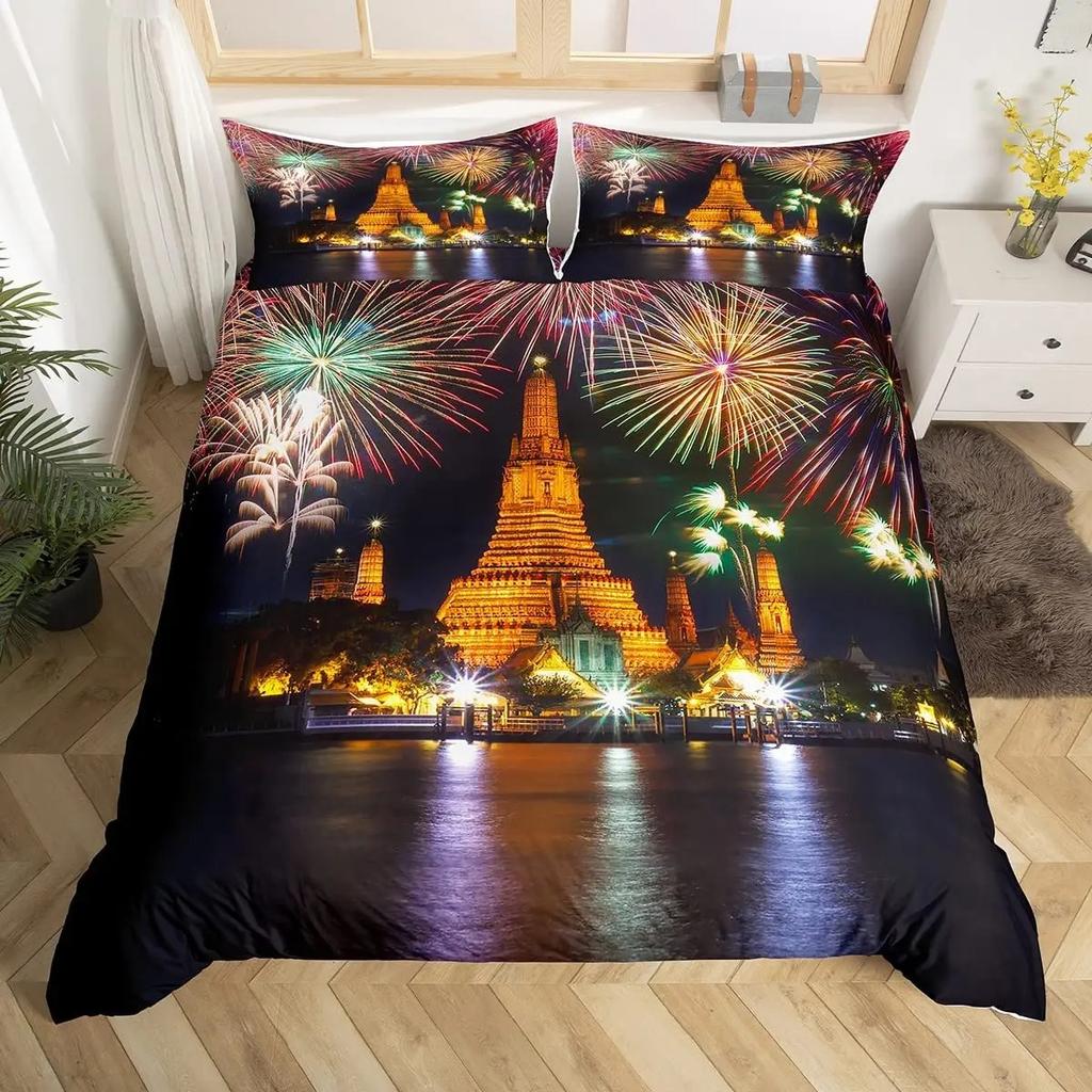 Fireworks Duvet Cover Fantasy Castle Bedding Set Prague Cityscape Comforter Cover Microfiber Magical Psychedelic Flowers Bed Set