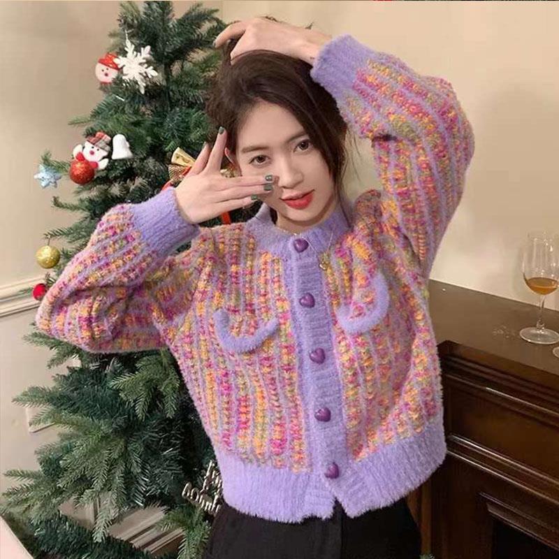 Koreanisch inspirierter Herbst- & Winter-Colorblock-Casual-Strickcardigan, locker, einreihig geknöpft, eleganter Langarmpullover