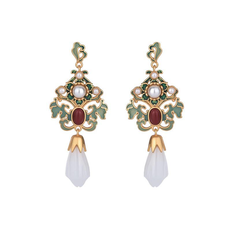 Retro Magnolia Fairy Earrings: Enamel Cloisonné & White Jade Cheongsam Style