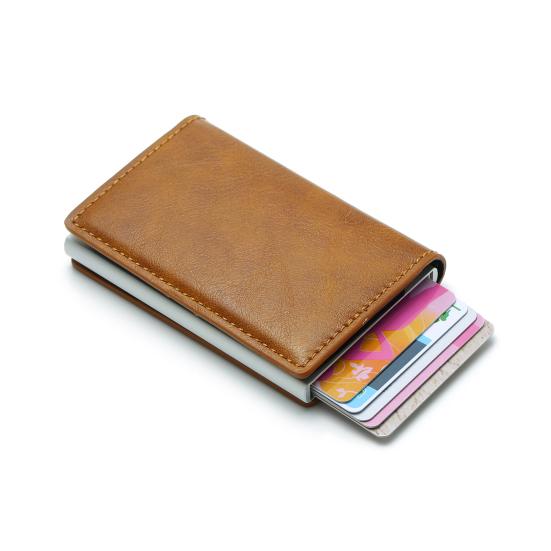 Pánská peněženka z umělé kůže s RFID blokováním, trojdílná, se štíhlým výsuvným držákem na karty, kovové hliníkové pouzdro na karty