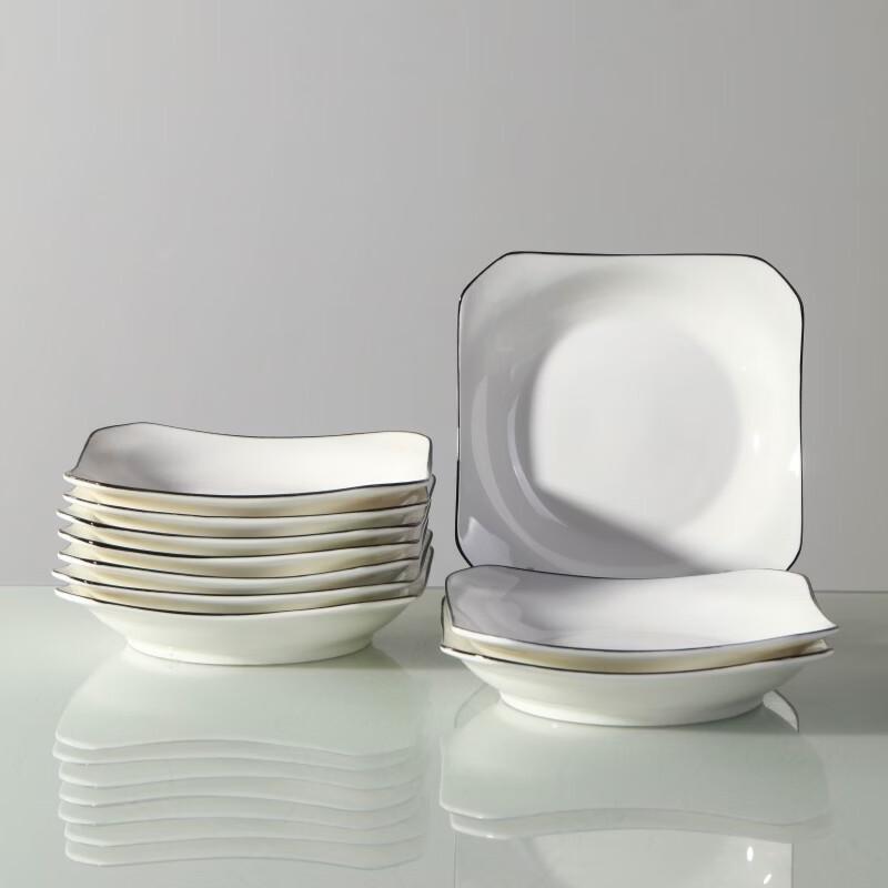Haoya 7.5-inch Square Underglaze Ceramic Dinner Plates with Black Line, Ruyi Style - Set of 10