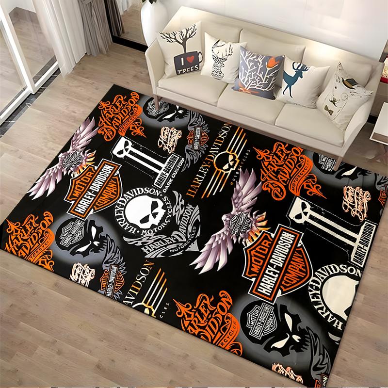 Harley Davidson Inspired Carpet with Skull, Wings, and Logo Designs Suitable for use as an anti-slip for living room bedroom sofas