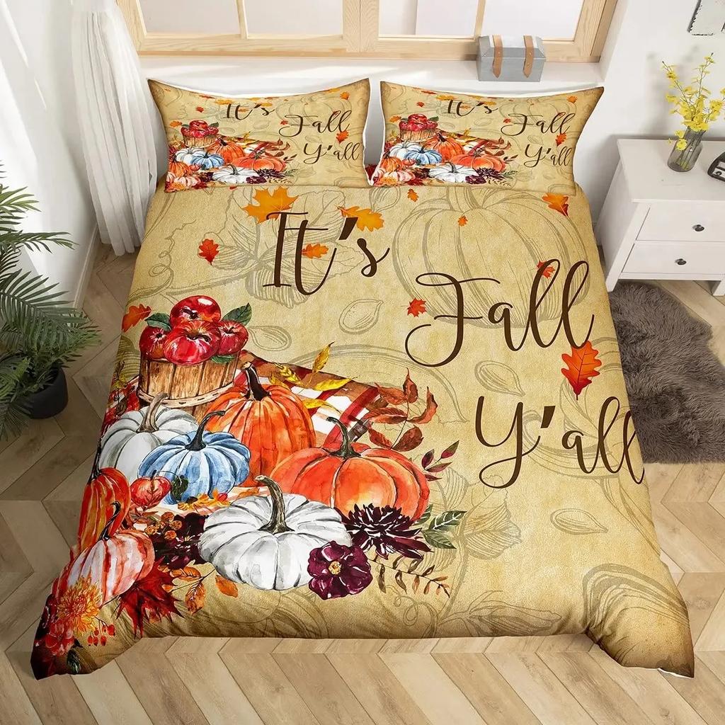 Thanksgiving Pumpkin Duvet Cover Set Maple Leaves Bedding Sets Truck Sunflower Comforter Cover Autumn Harvest Farmhouse Decor