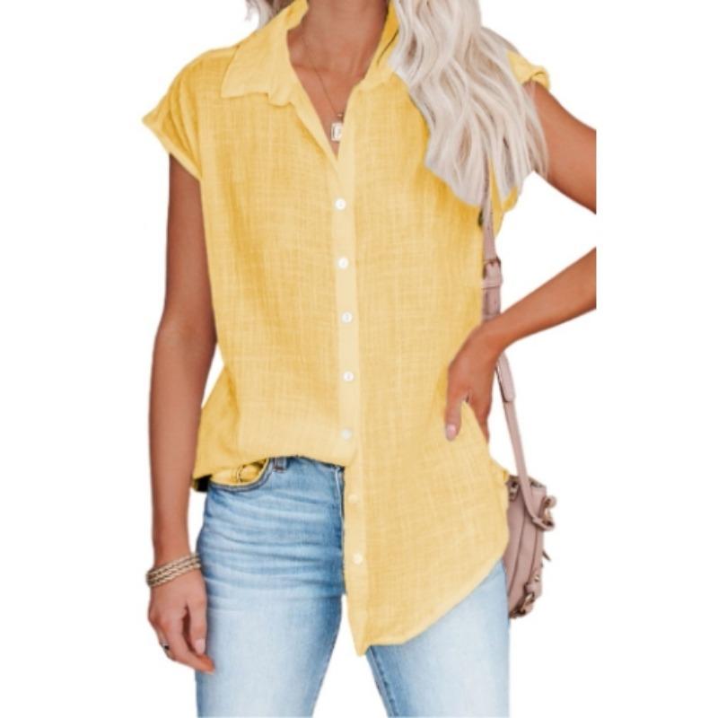 Sommer Damen Einfarbig Einreihig Hemd Damen Lässig Revers Kurzarm Bluse Top