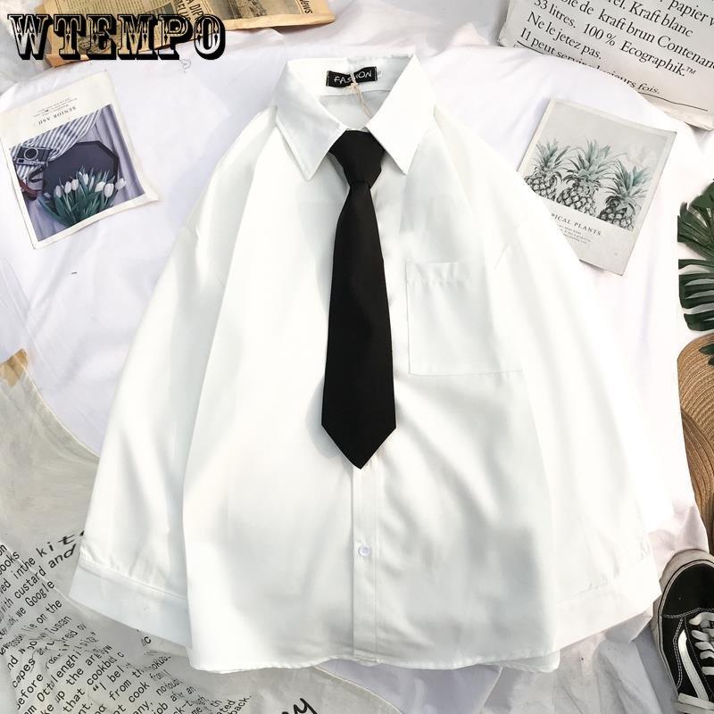 Spring Autumn Long Sleeve Loose Student Blouses Shirts Women White Black Turn Down Collar Casual Oversized Shirt Vintage Tops