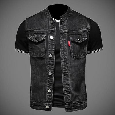Station Européenne Gilet en Jean Moto Homme Veste en Jean Sans Manches Tendance Mode Veste Homme Veste Ajustée