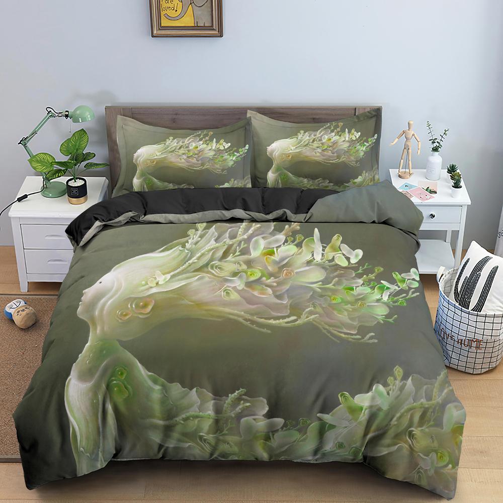 3D Floral Bedding Set Rose Surreal Scene Concept Artwork Duvet Cover King Queen Size Colorful Flowers Green Soft Comforter Cover