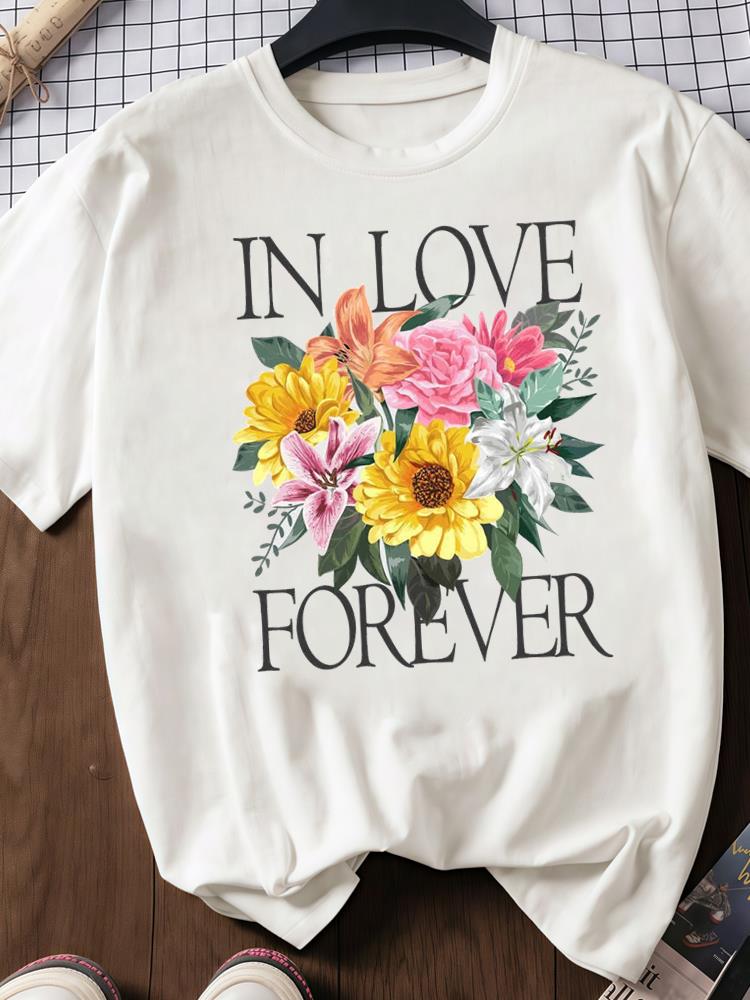 (Asian Size) Trend Sweet Flower 90s Print O-neck Short Sleeve T-shirts Fashion Female Casual Women's Top T Clothing Graphic Tee